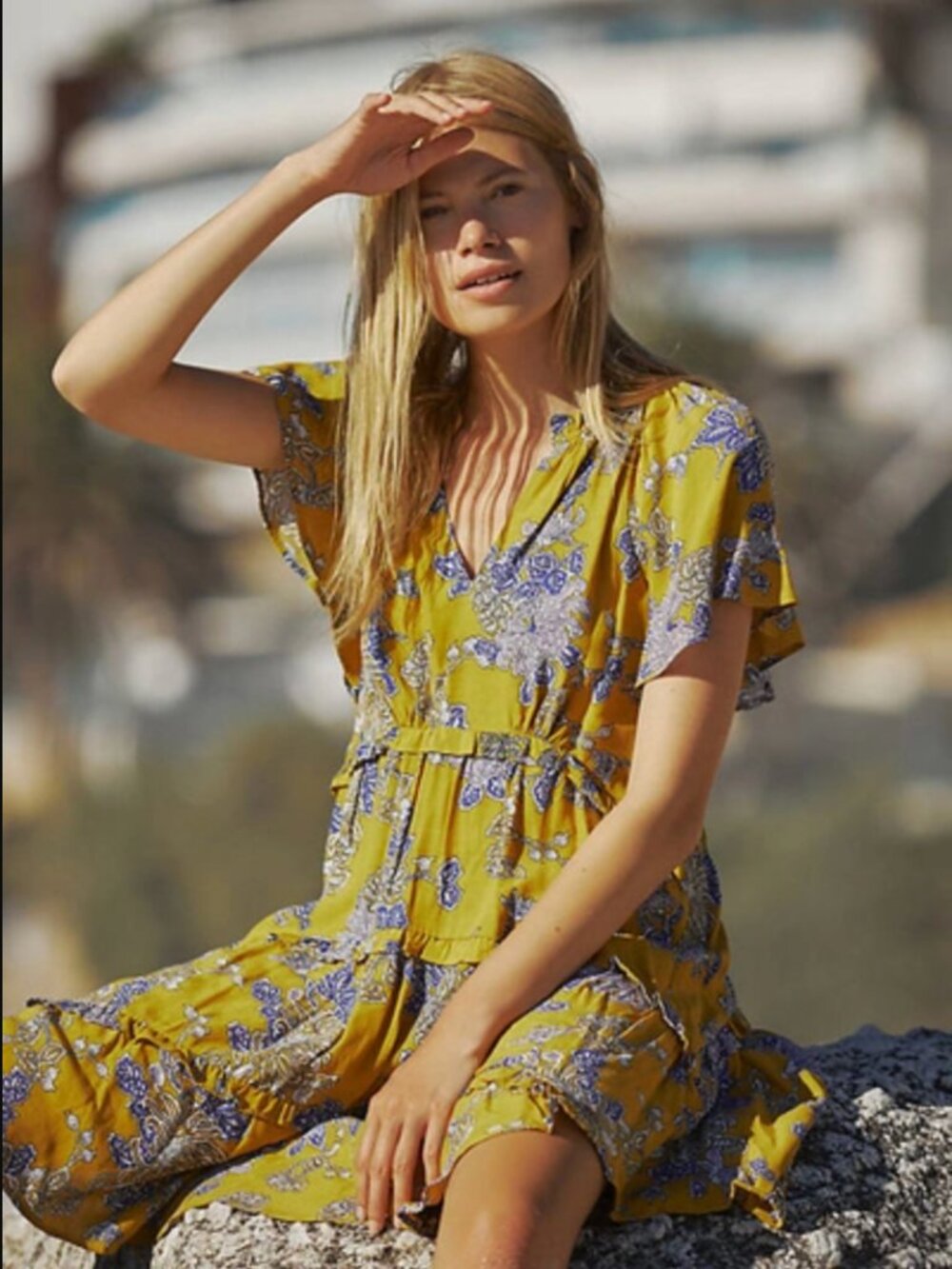 Anthropologie Robin Tiered Mini Dress Yellow Blue Floral Boho Women's Size M